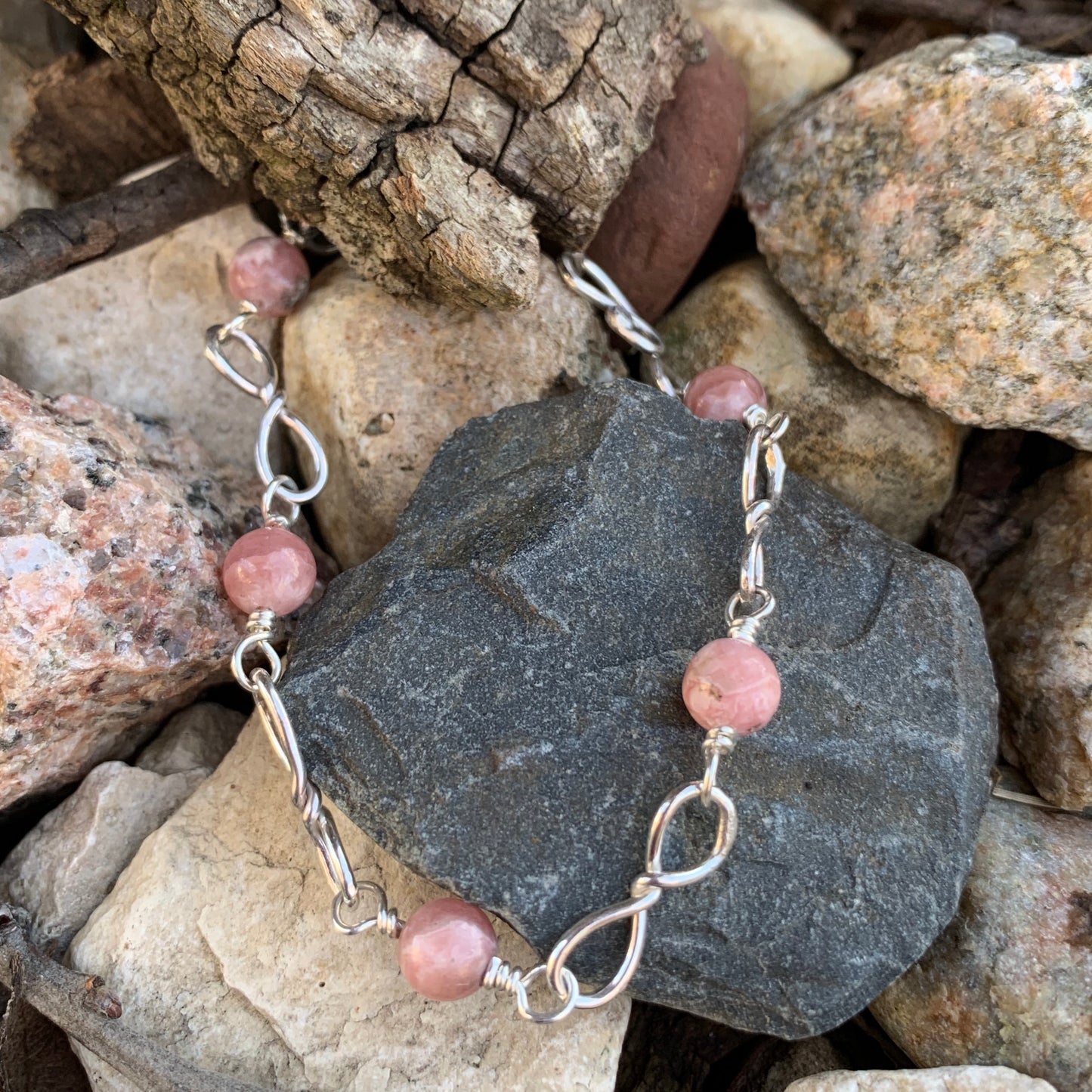 Hand Made Sterling Silver and Rhodochrosite Bow Tie Bracelet