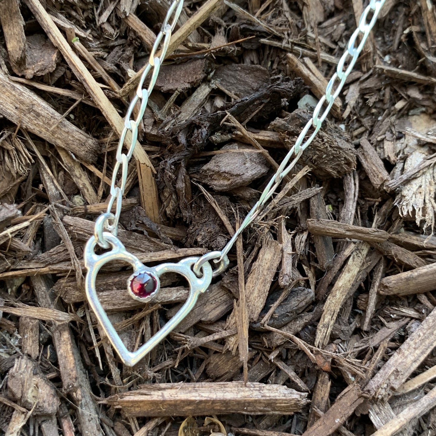 Hand Made Sterling Silver Heart with Garnet Necklace Pendant