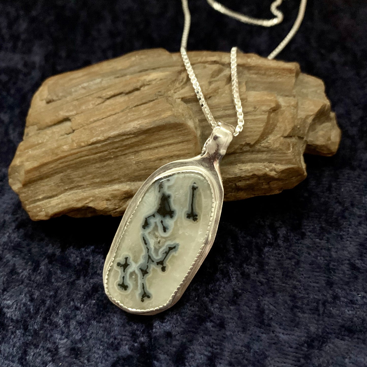 Sterling Silver Hand Made Dendritic Agate Pendant and Earrings Necklace