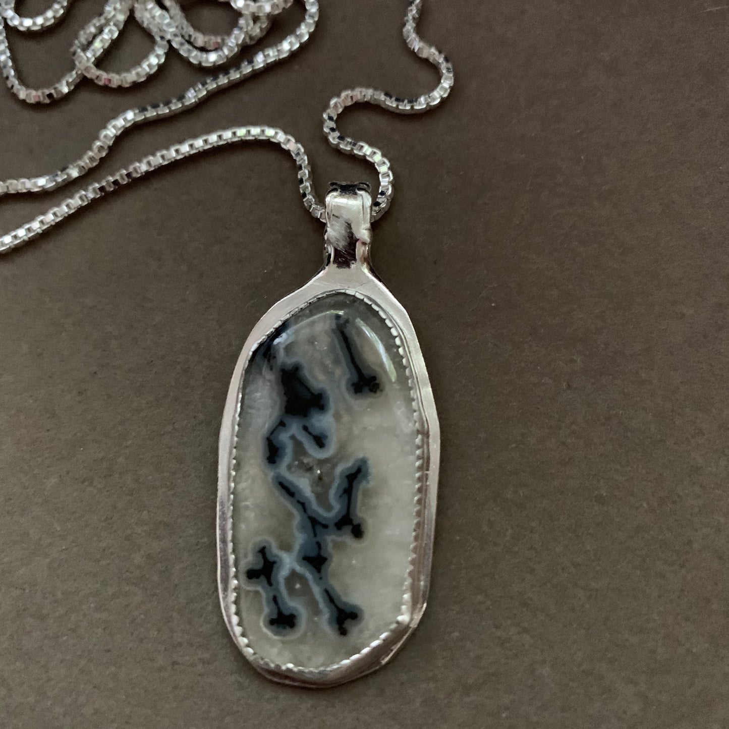 Sterling Silver Hand Made Dendritic Agate Pendant and Earrings Necklace