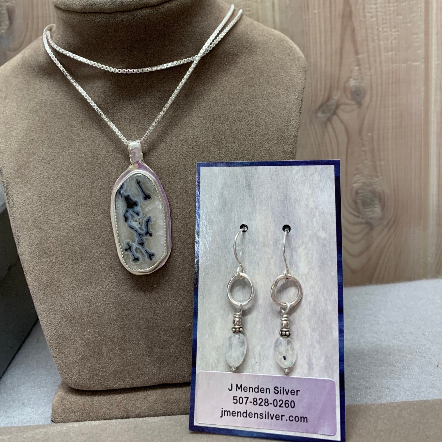 Sterling Silver Hand Made Dendritic Agate Pendant and Earrings Necklace