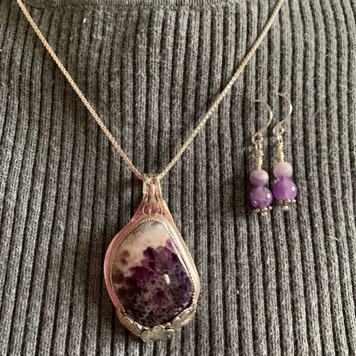 Hand Made Sterling Silver Amethyst Necklace Pendant with Earrings