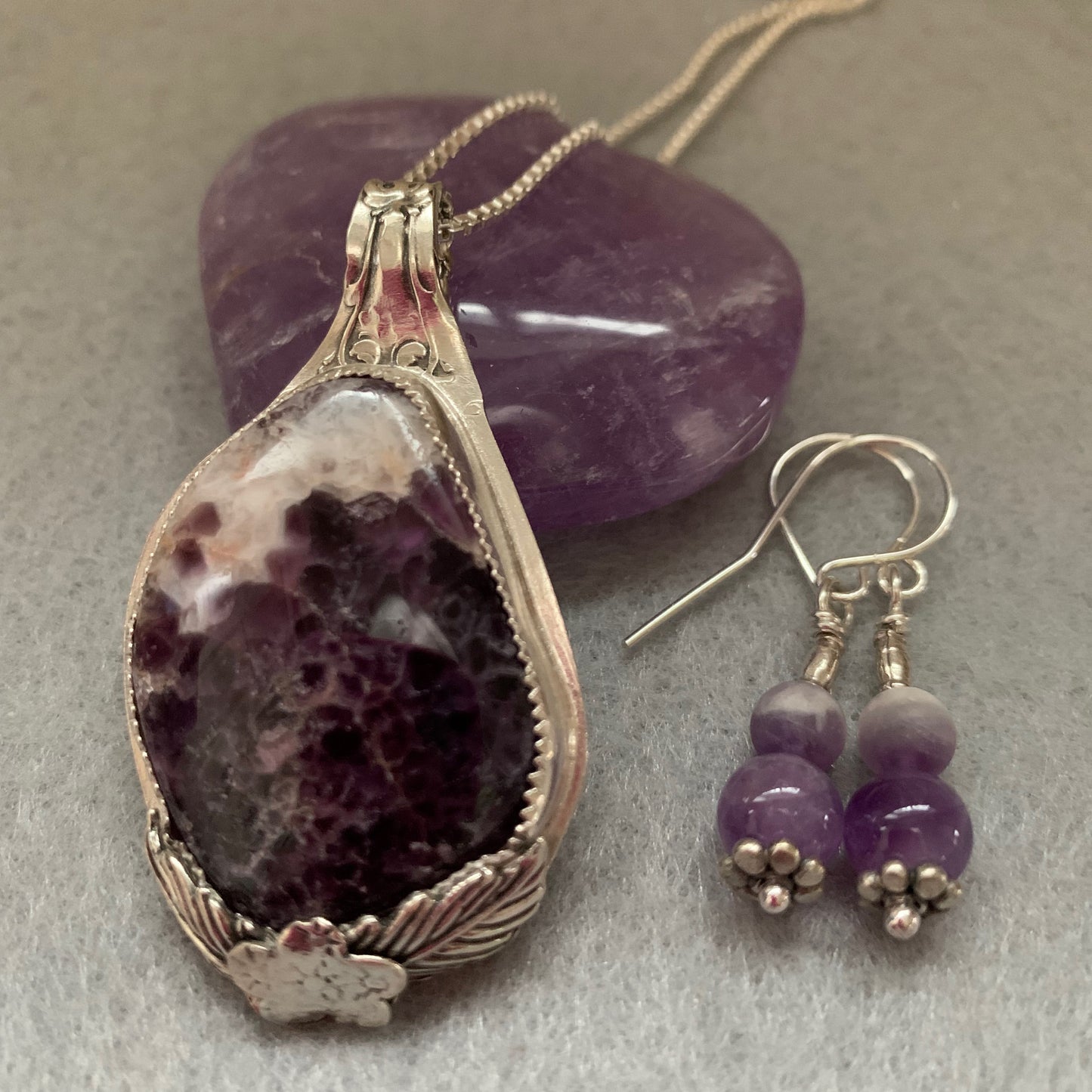 Hand Made Sterling Silver Amethyst Necklace Pendant with Earrings