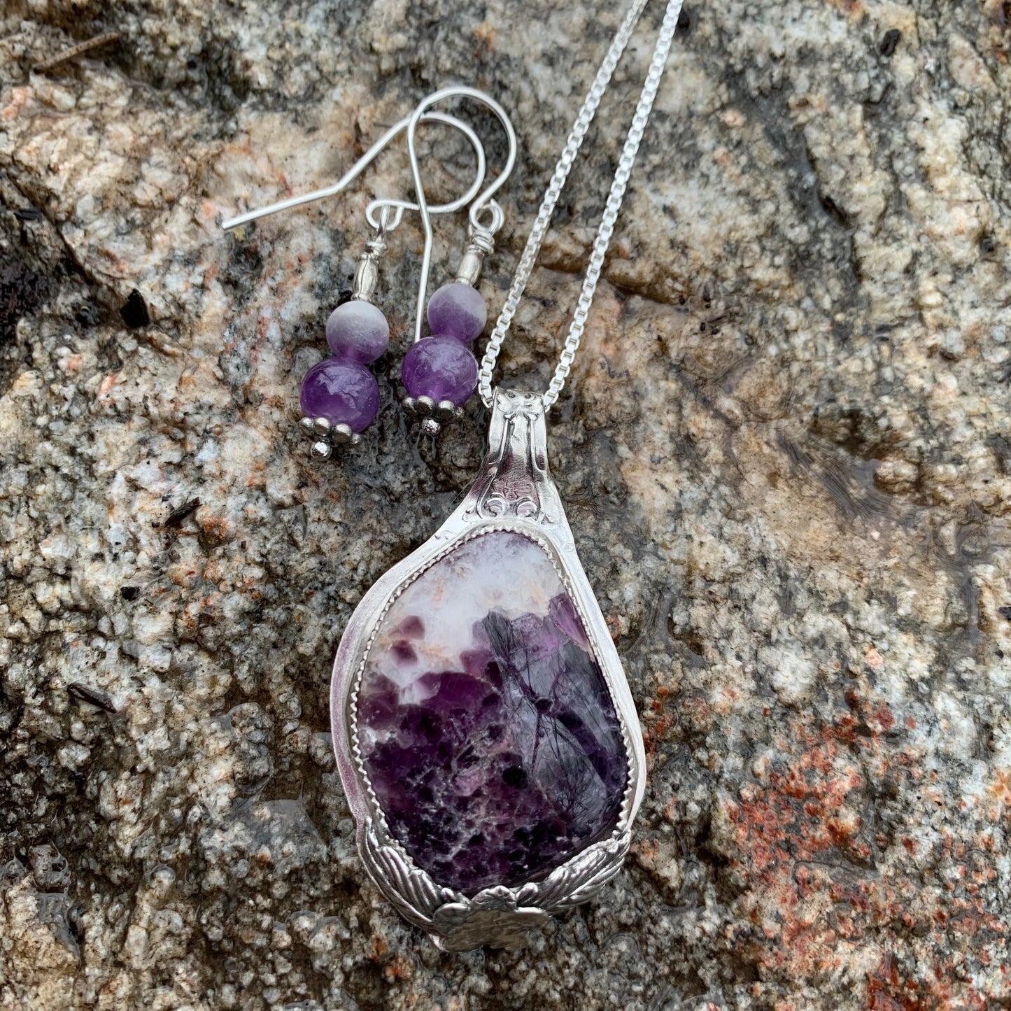 Hand Made Sterling Silver Amethyst Necklace Pendant with Earrings