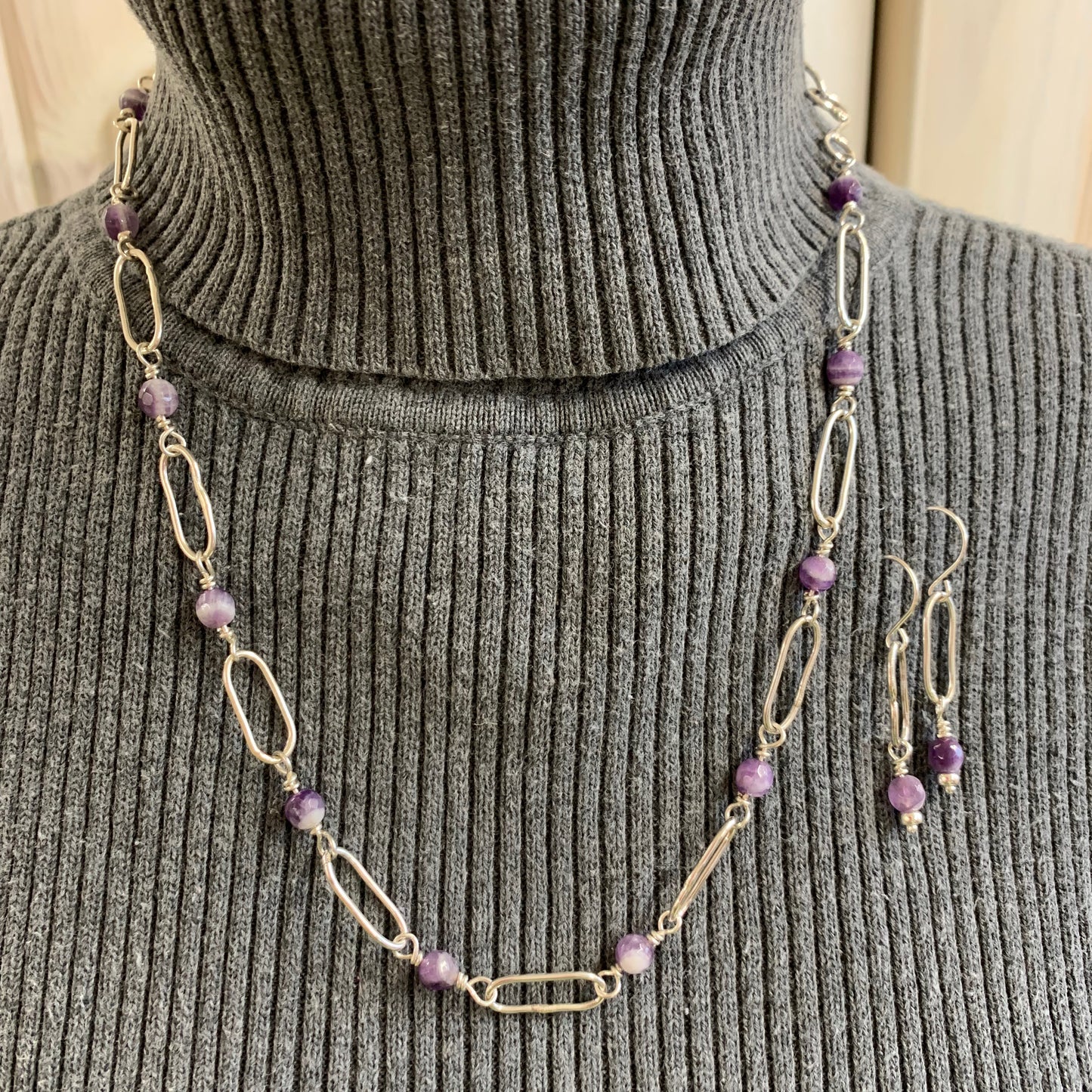 Sterling Silver Amethyst Paperclip Necklace and Earrings