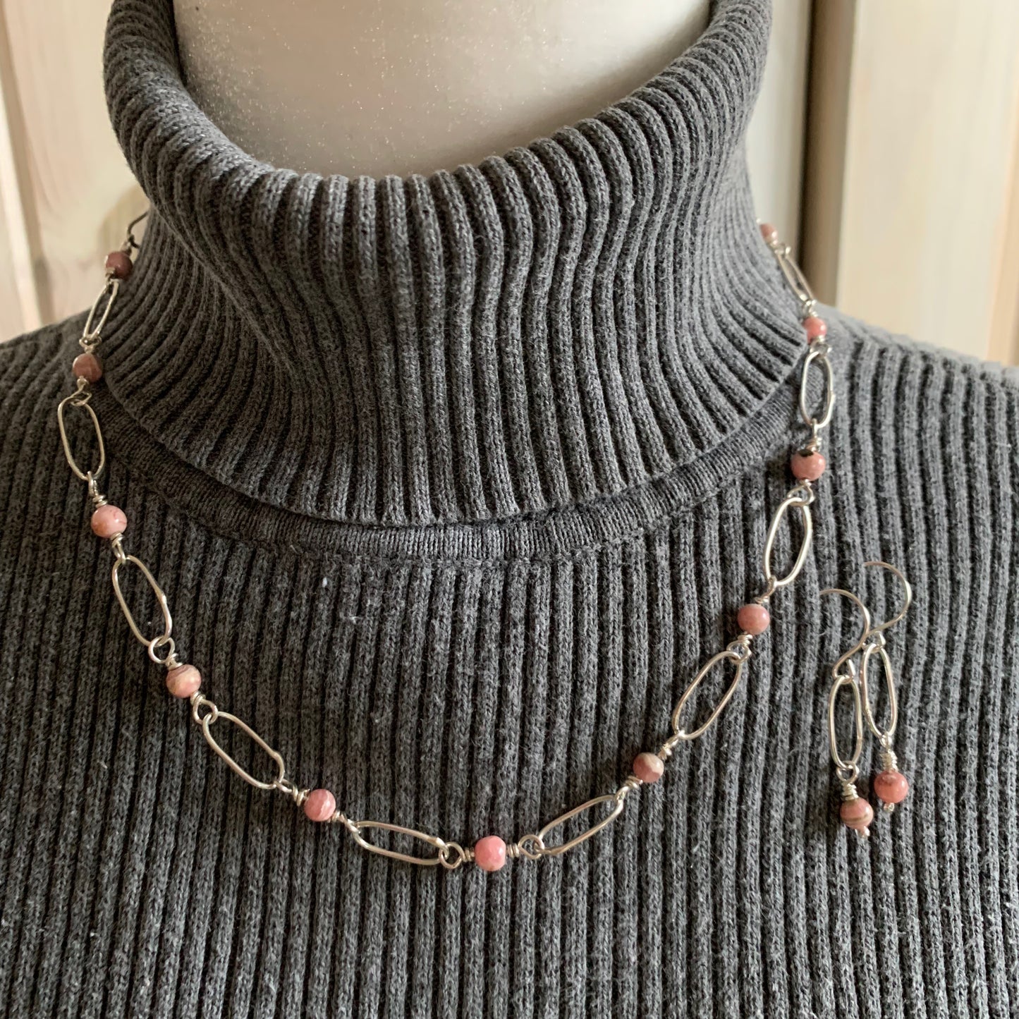 Sterling Silver Hand Made Rhodochrosite Paperclip Necklace and Earrings