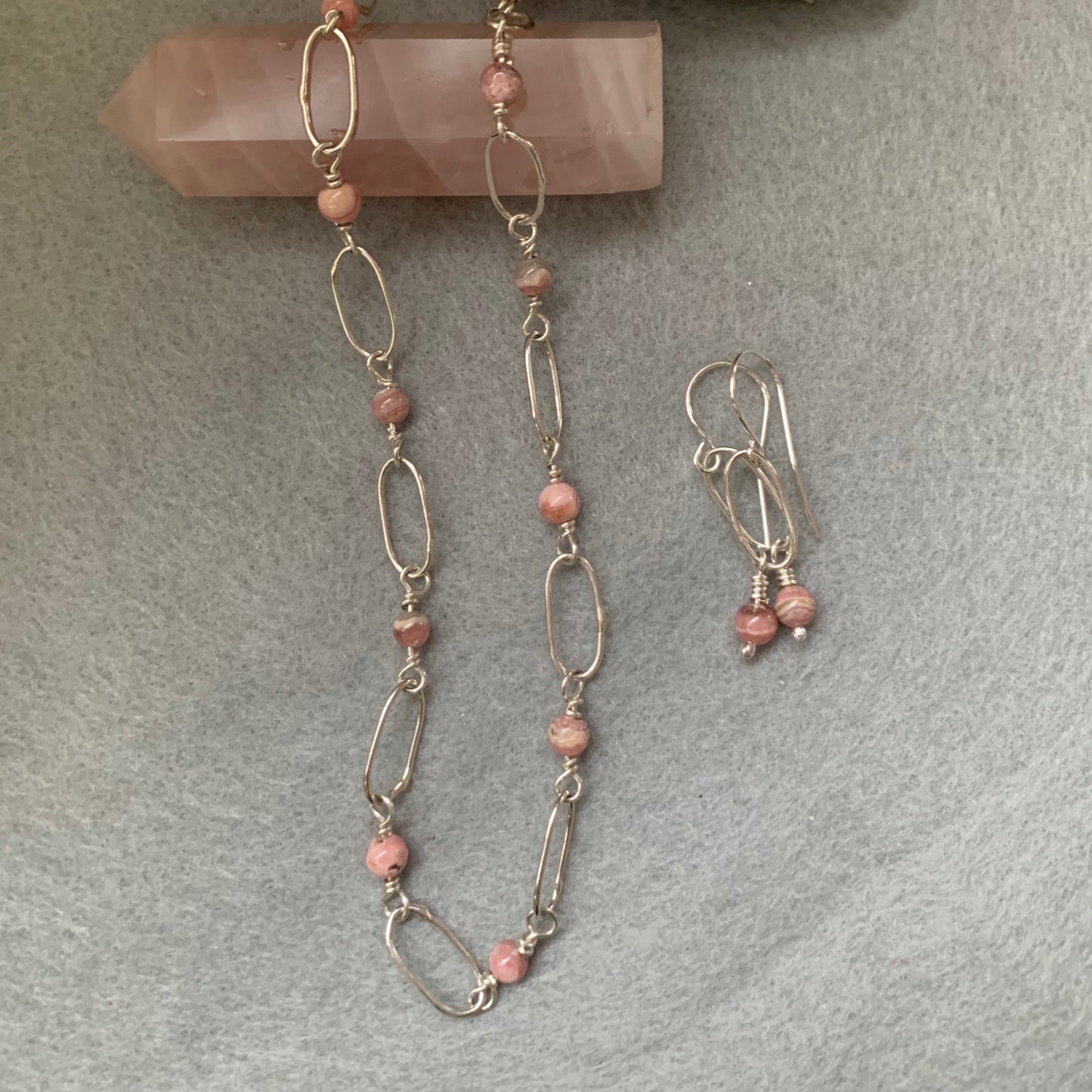 Sterling Silver Hand Made Rhodochrosite Paperclip Necklace and Earrings