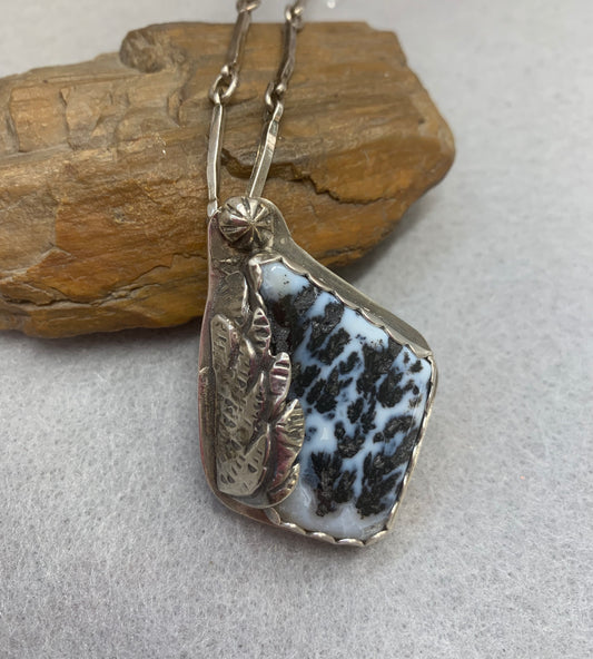 Hand Made Sterling Silver Dendritic Agate Pendant Necklace Bar Chain