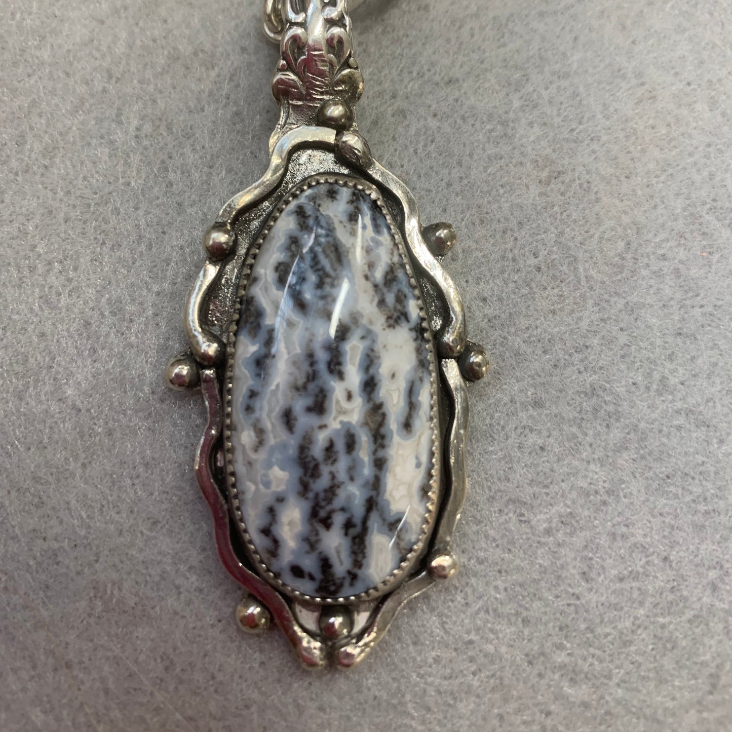 Hand Made Sterling Silver Dendritic Agate Pendant Necklace with Fancy Chain