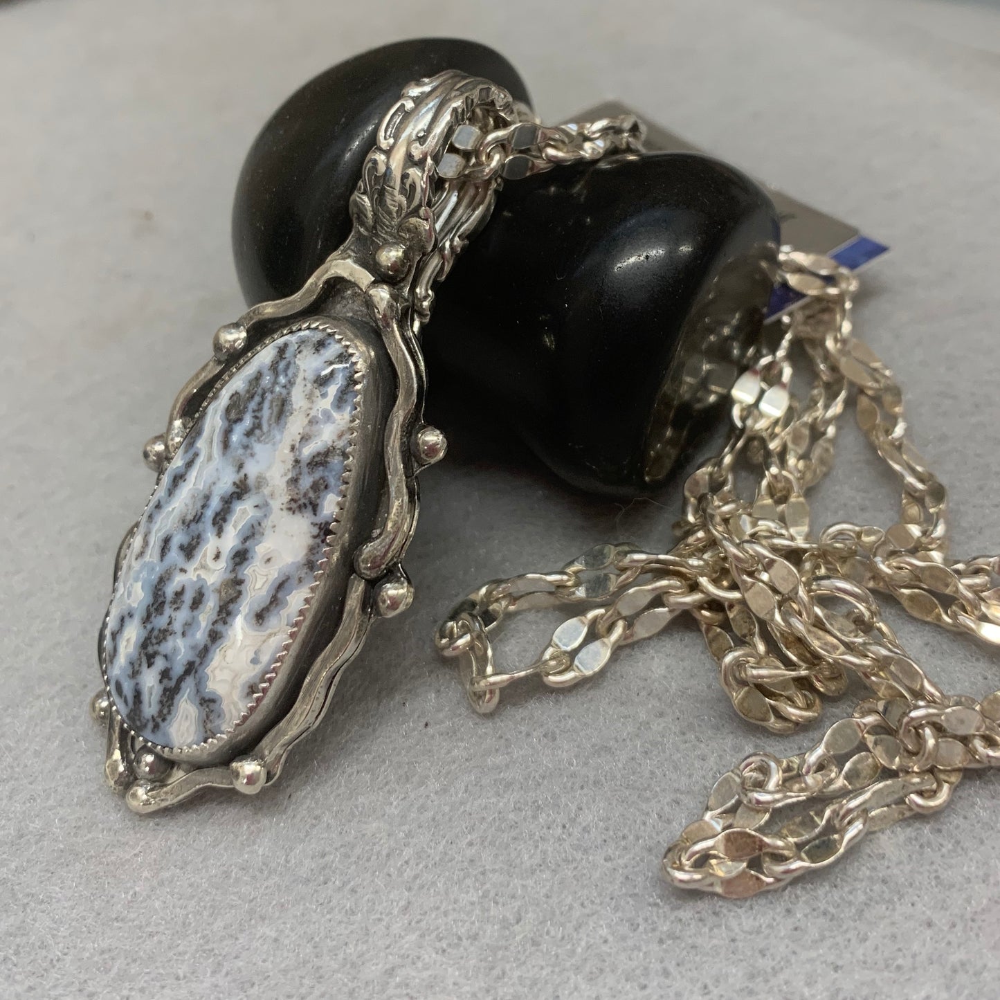 Hand Made Sterling Silver Dendritic Agate Pendant Necklace with Fancy Chain