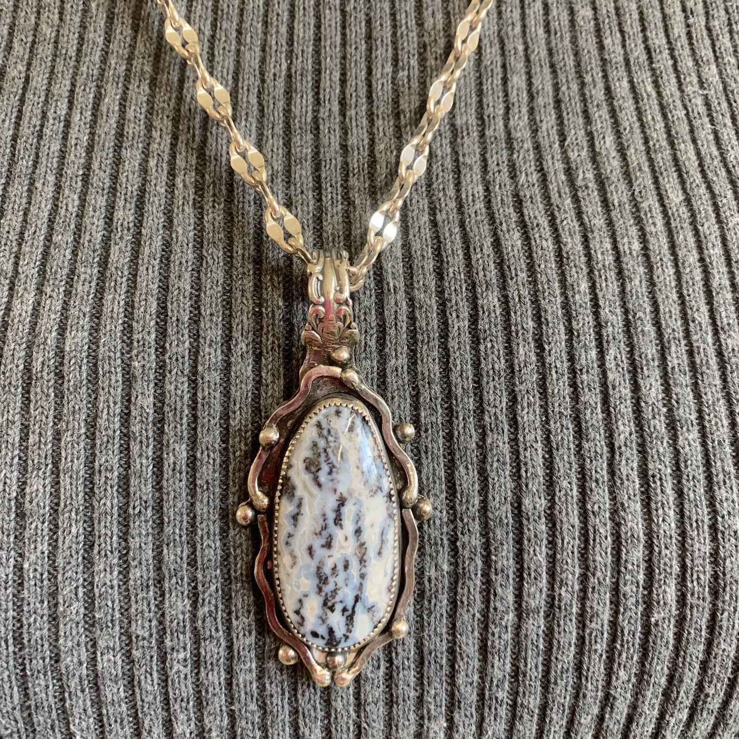 Hand Made Sterling Silver Dendritic Agate Pendant Necklace with Fancy Chain