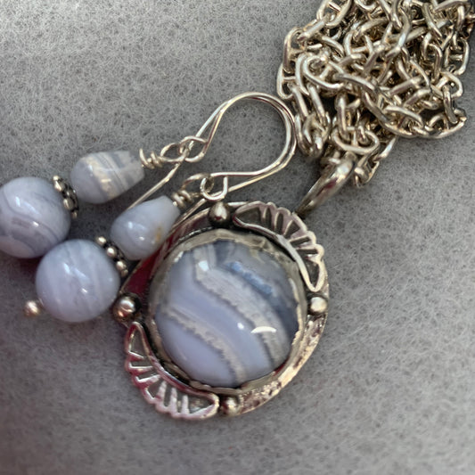 Hand Made Sterling Silver Blue Lace Agate Pendant Necklace and Earrings