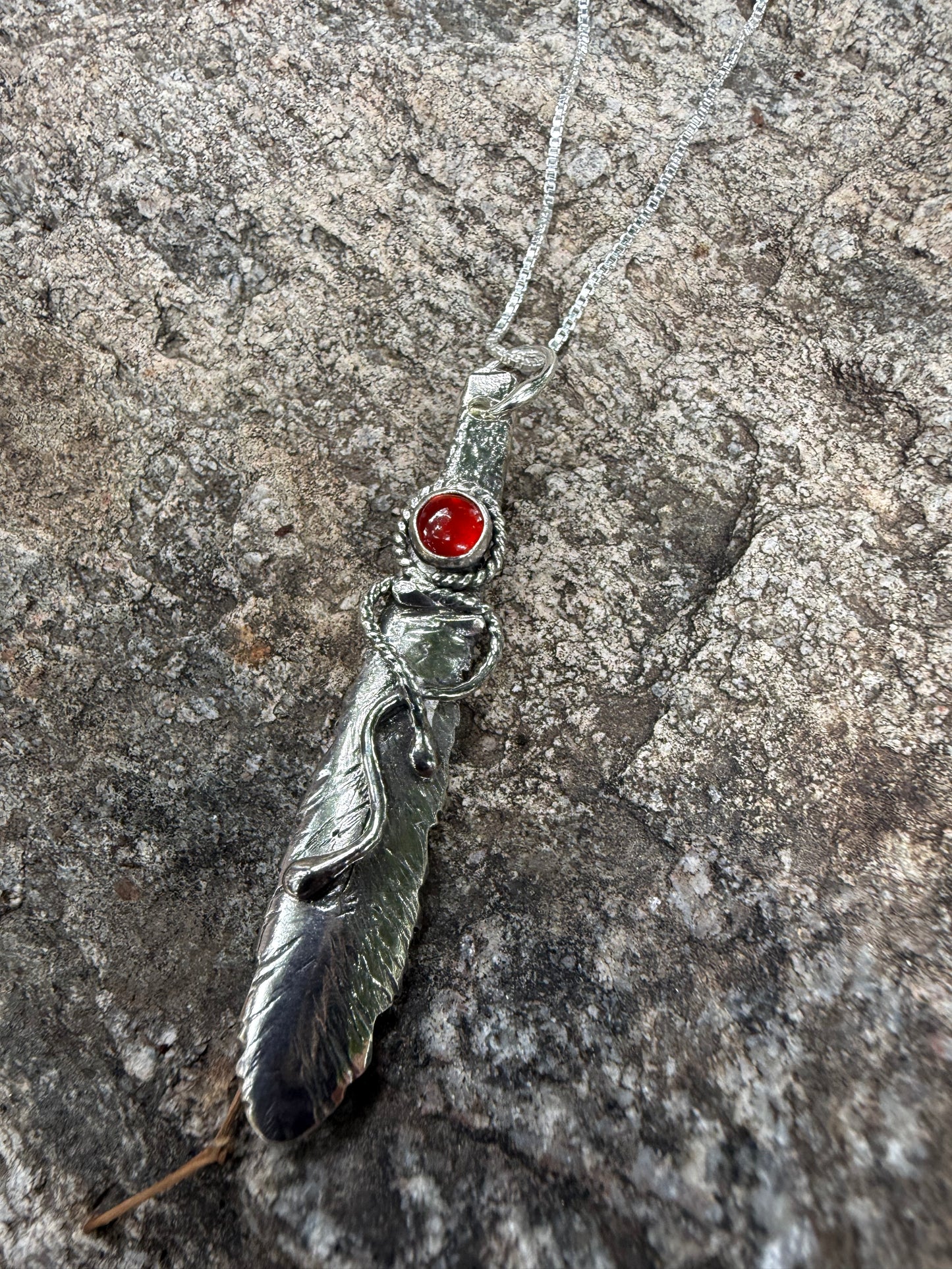 Hand Made Sterling Silver Feather Pendant with Carnelian Necklace