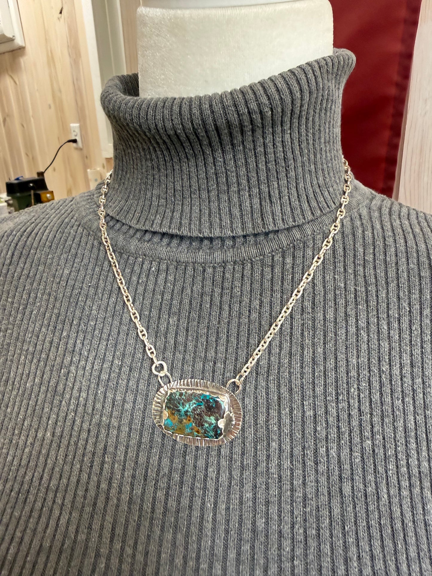 Hand Made Sterling Silver Azurite Pendant Necklace