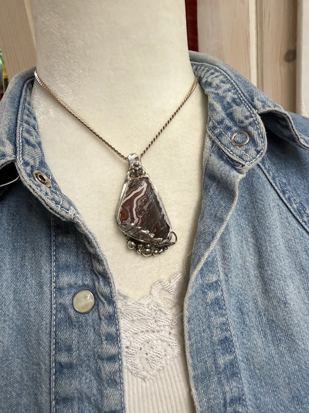 Hand Made Sterling Silver Crazy Lace Agate Pendant Necklace