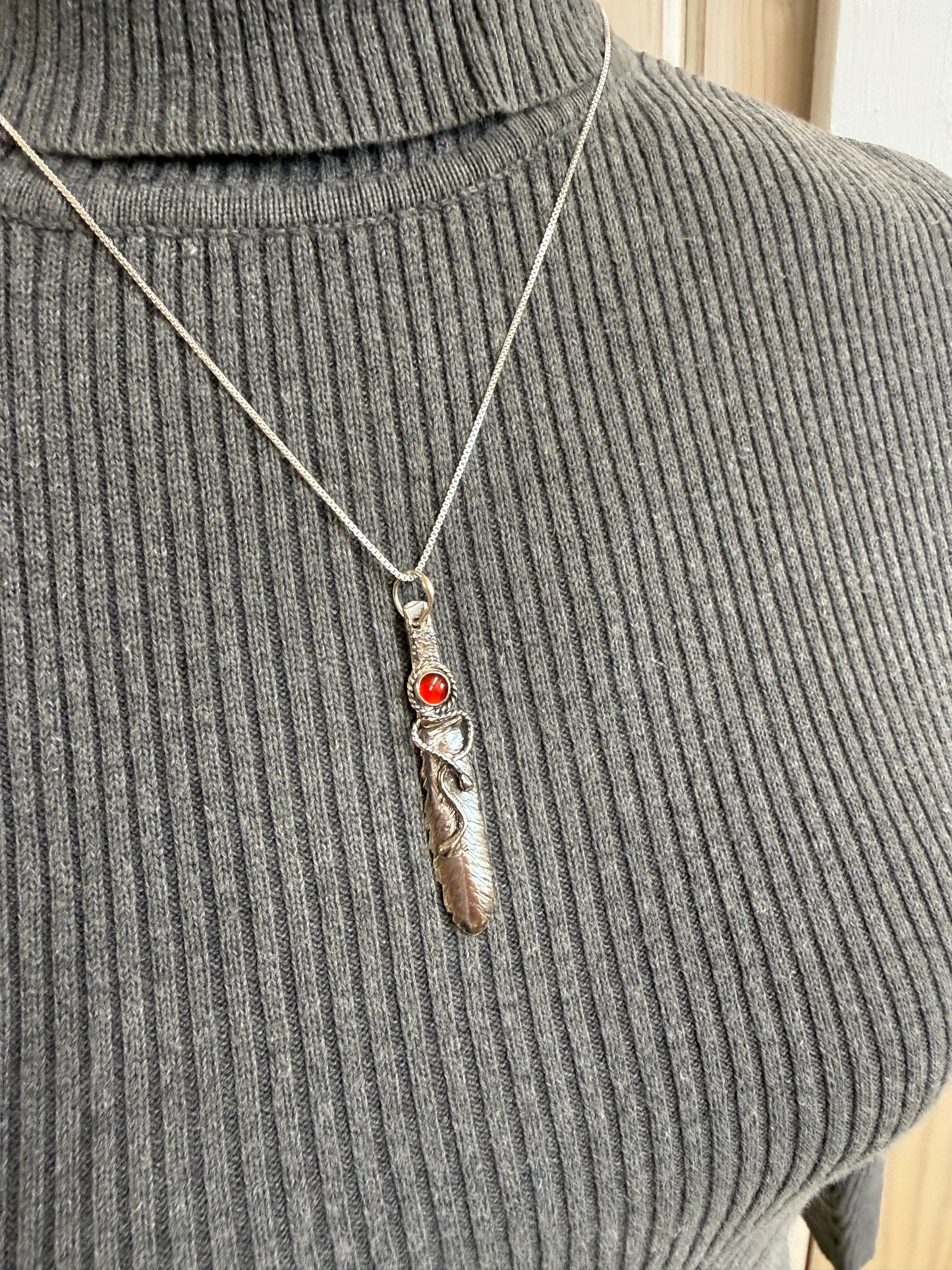 Hand Made Sterling Silver Feather Pendant with Carnelian Necklace