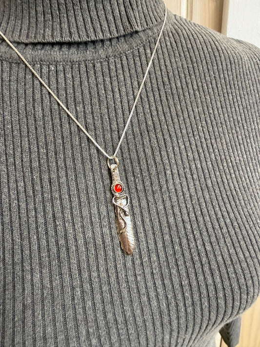 Hand Made Sterling Silver Feather Pendant with Carnelian Necklace
