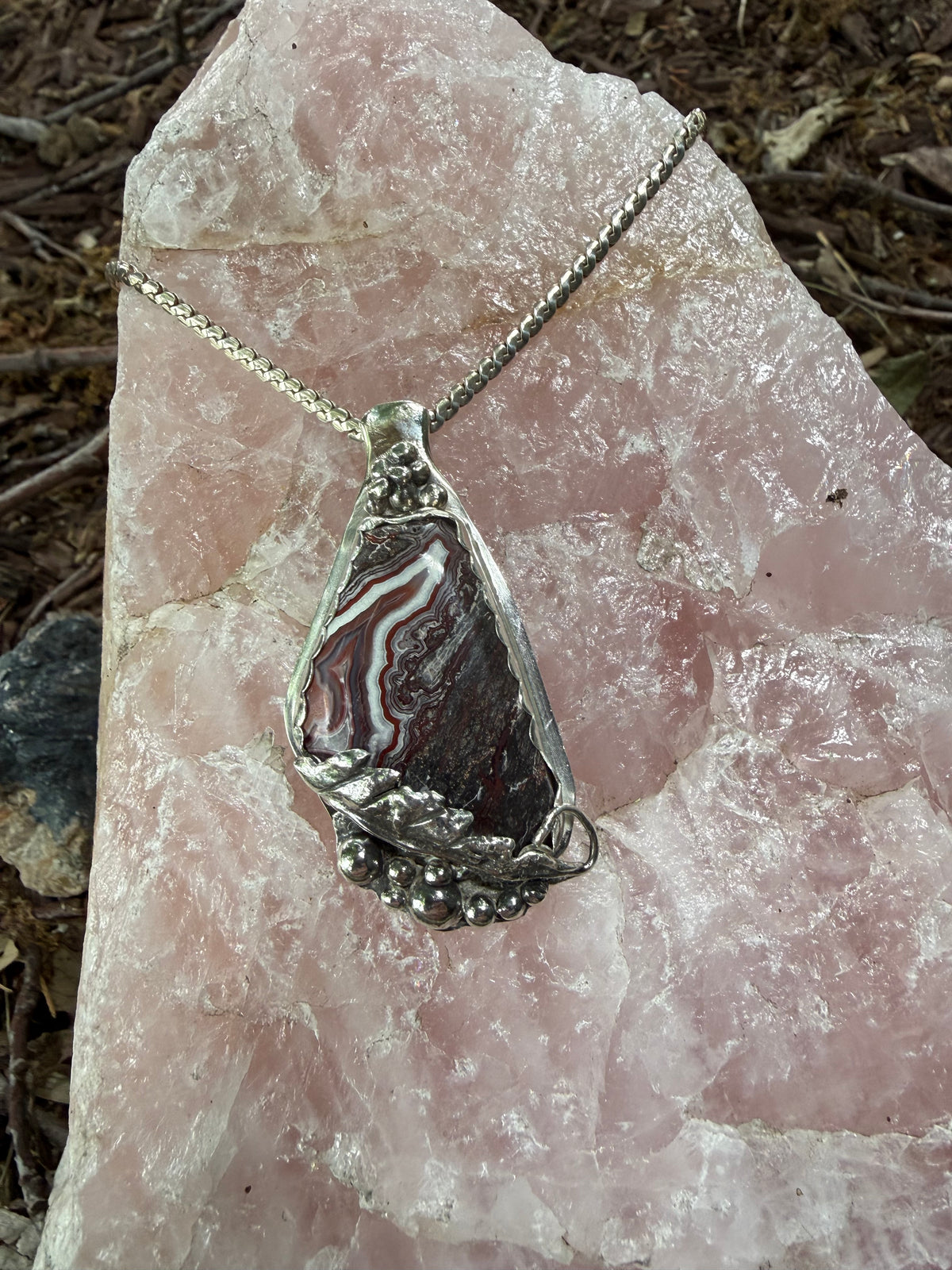 Hand Made Sterling Silver Crazy Lace Agate Pendant Necklace