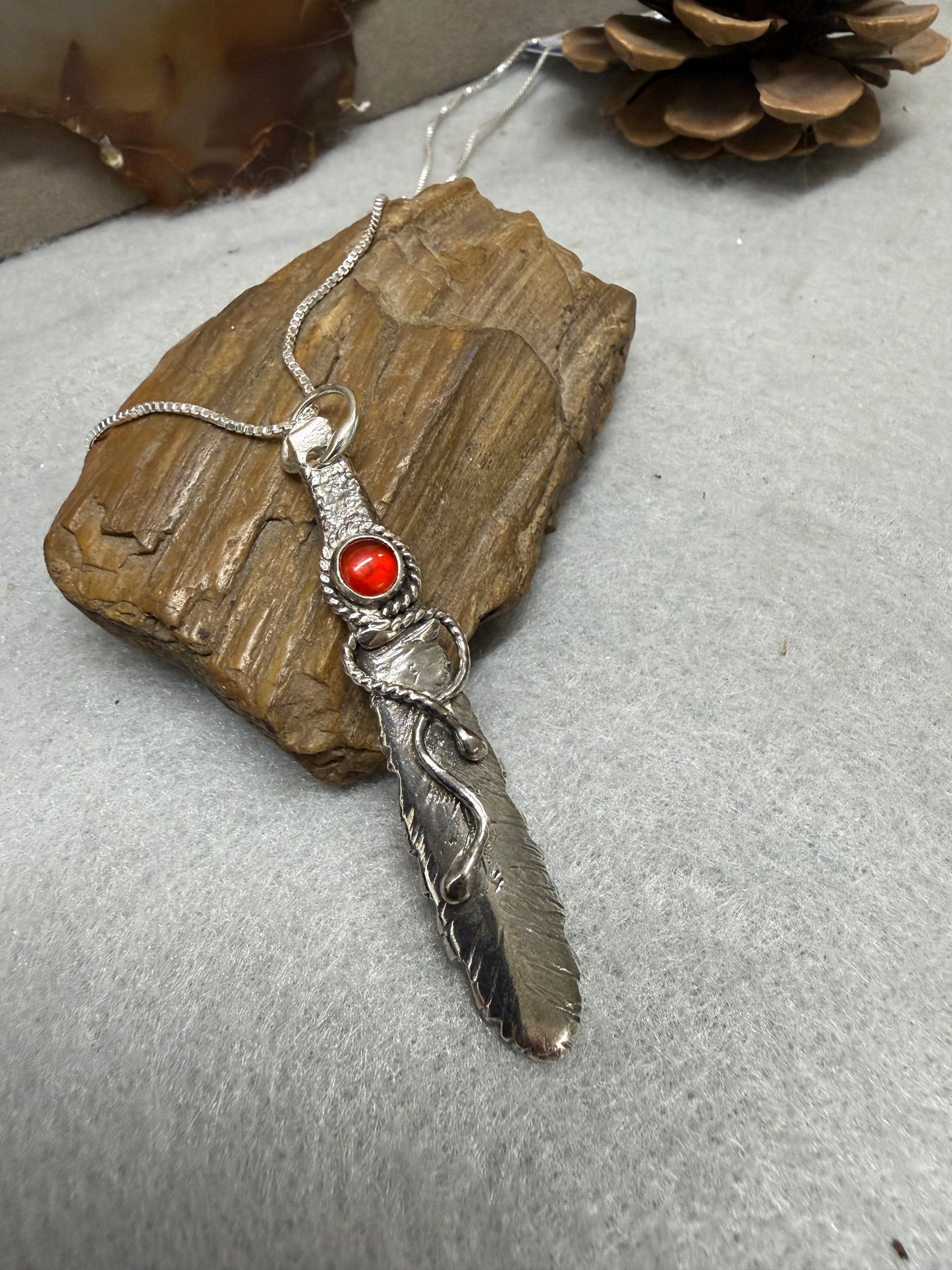 Hand Made Sterling Silver Feather Pendant with Carnelian Necklace