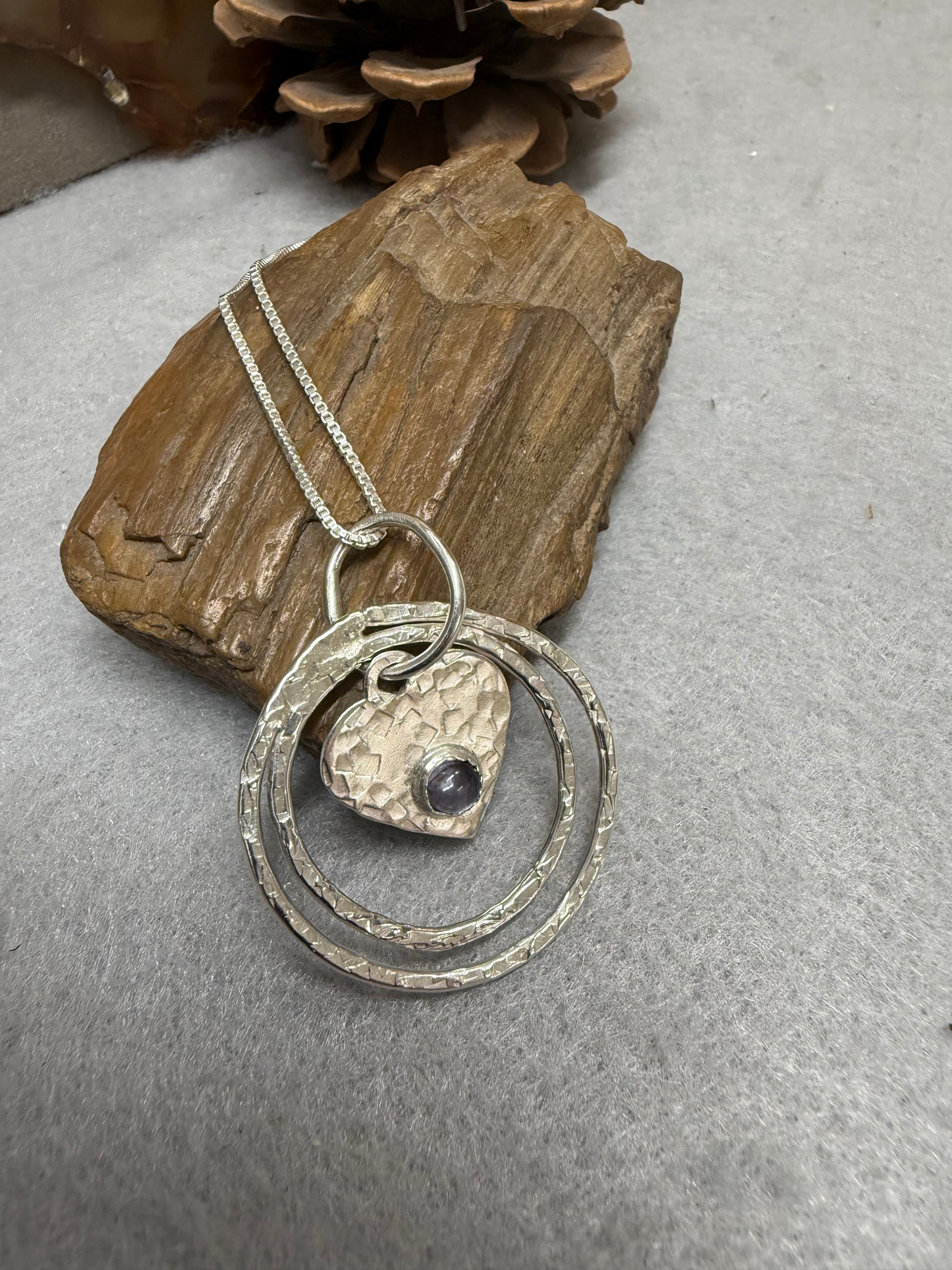 Hand Made Sterling Silver Circles and Iolite Heart Pendant Necklace