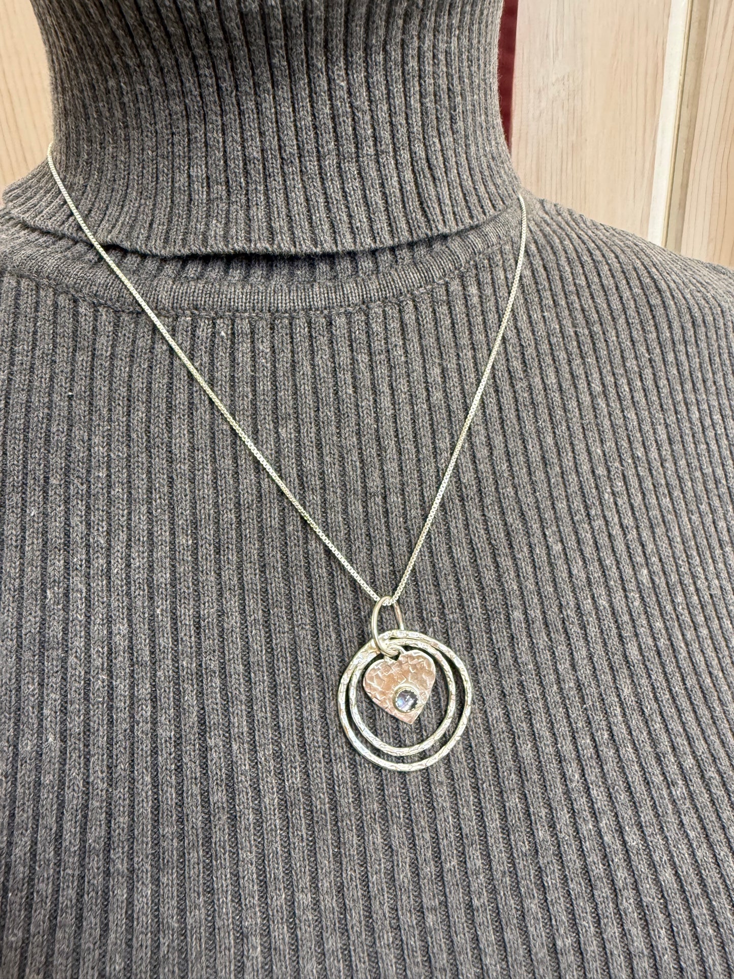 Hand Made Sterling Silver Circles and Iolite Heart Pendant Necklace
