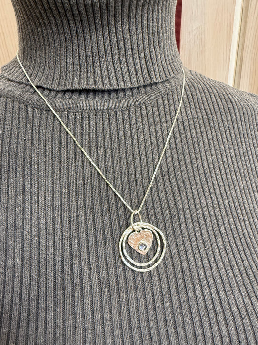 Hand Made Sterling Silver Circles and Iolite Heart Pendant Necklace