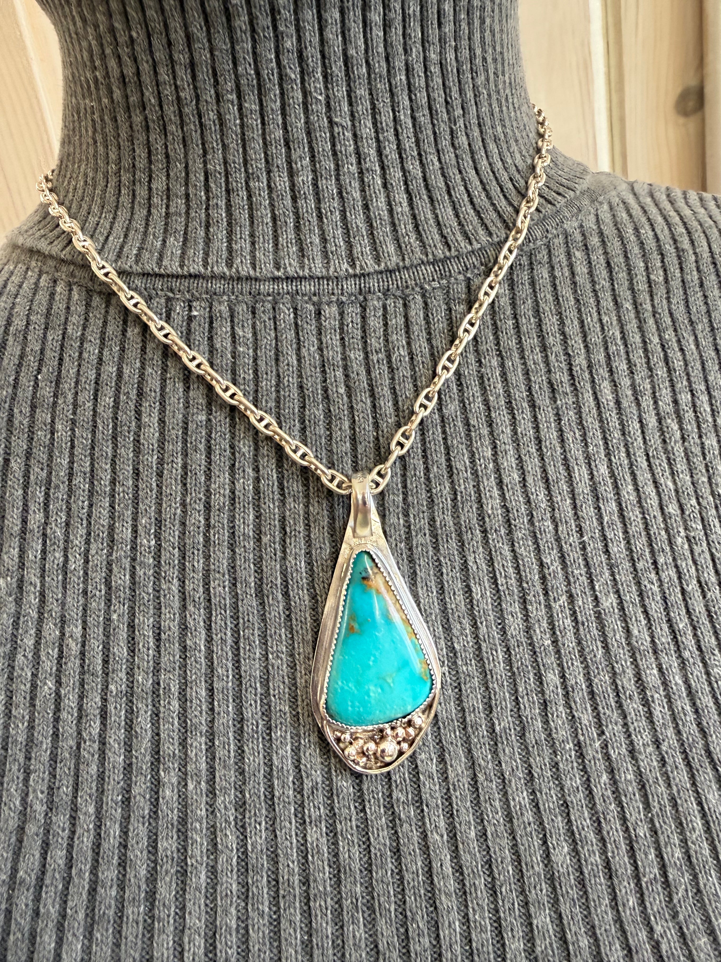 Handmade Sterling Silver Pendant Necklace Kingman Turquoise – J