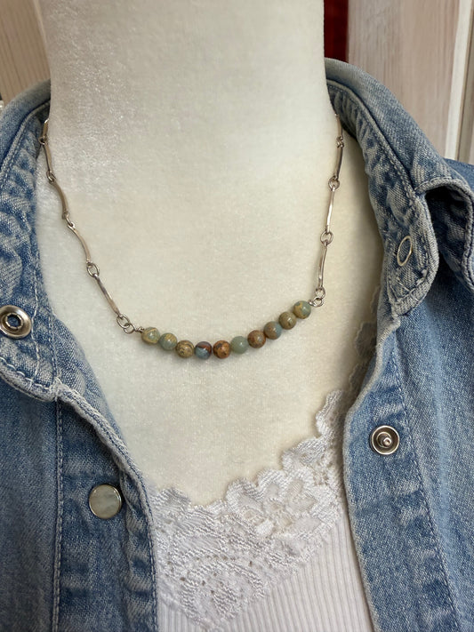 Hand Made Sterling Silver and Aqua Terra Bar Chain Necklace