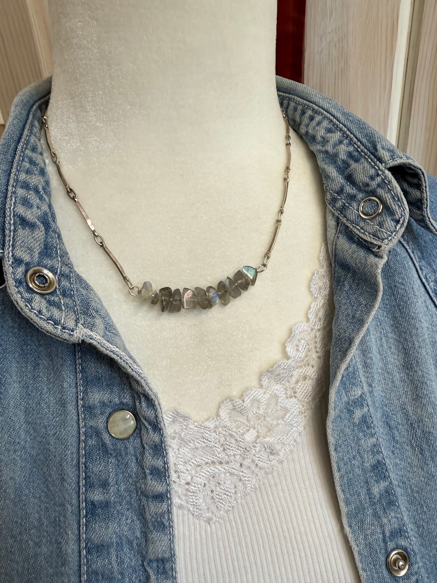 Hand Made Sterling Silver Labradorite Bar Chain Necklace