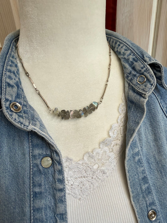 Hand Made Sterling Silver Labradorite Bar Chain Necklace