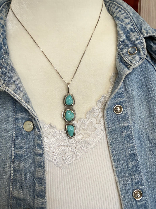 Handmade Sterling Silver Triple Turuoise Pendanr Necklace