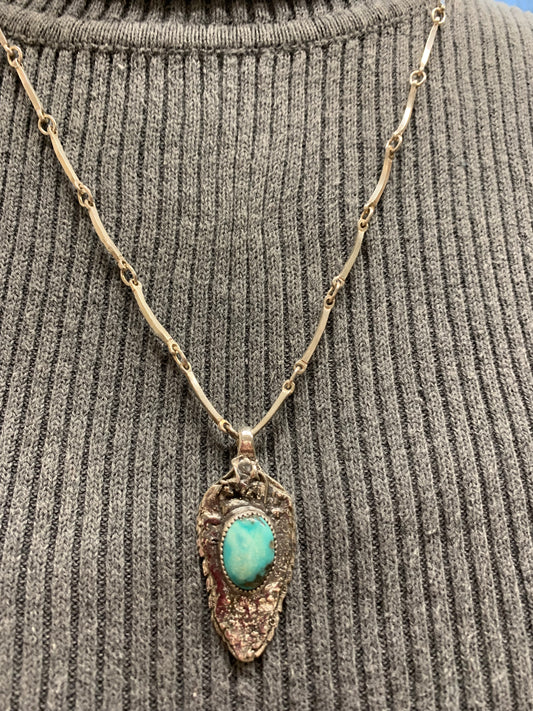 Hand Made Sterling Silver Reticulated Turquoise Pendant with Chain Necklace