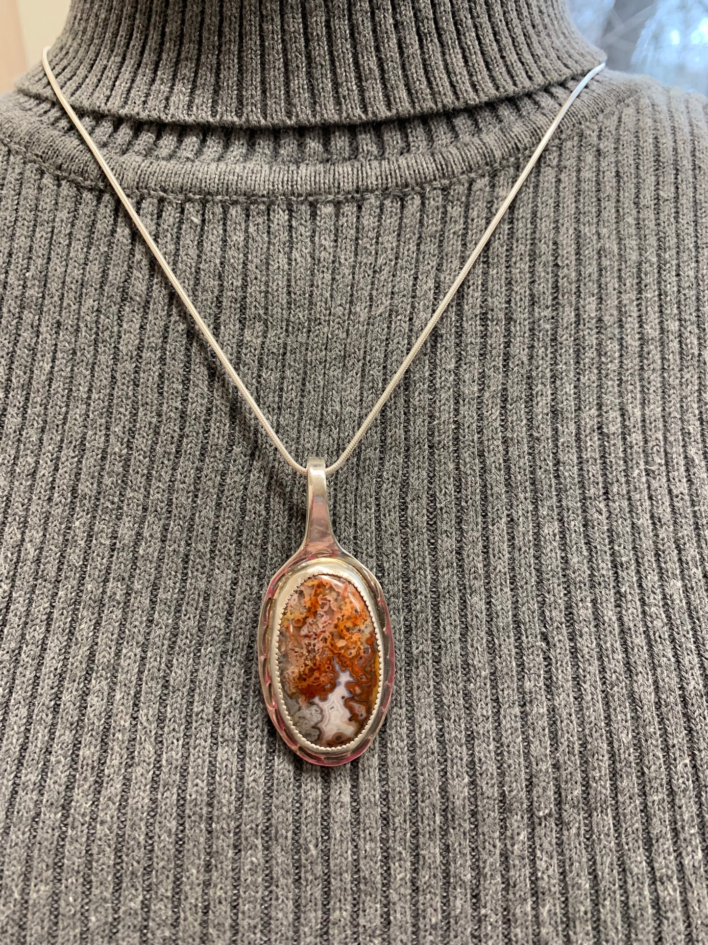 Hand Made Sterling Silver Crazy Lace Agate PendantNecklace