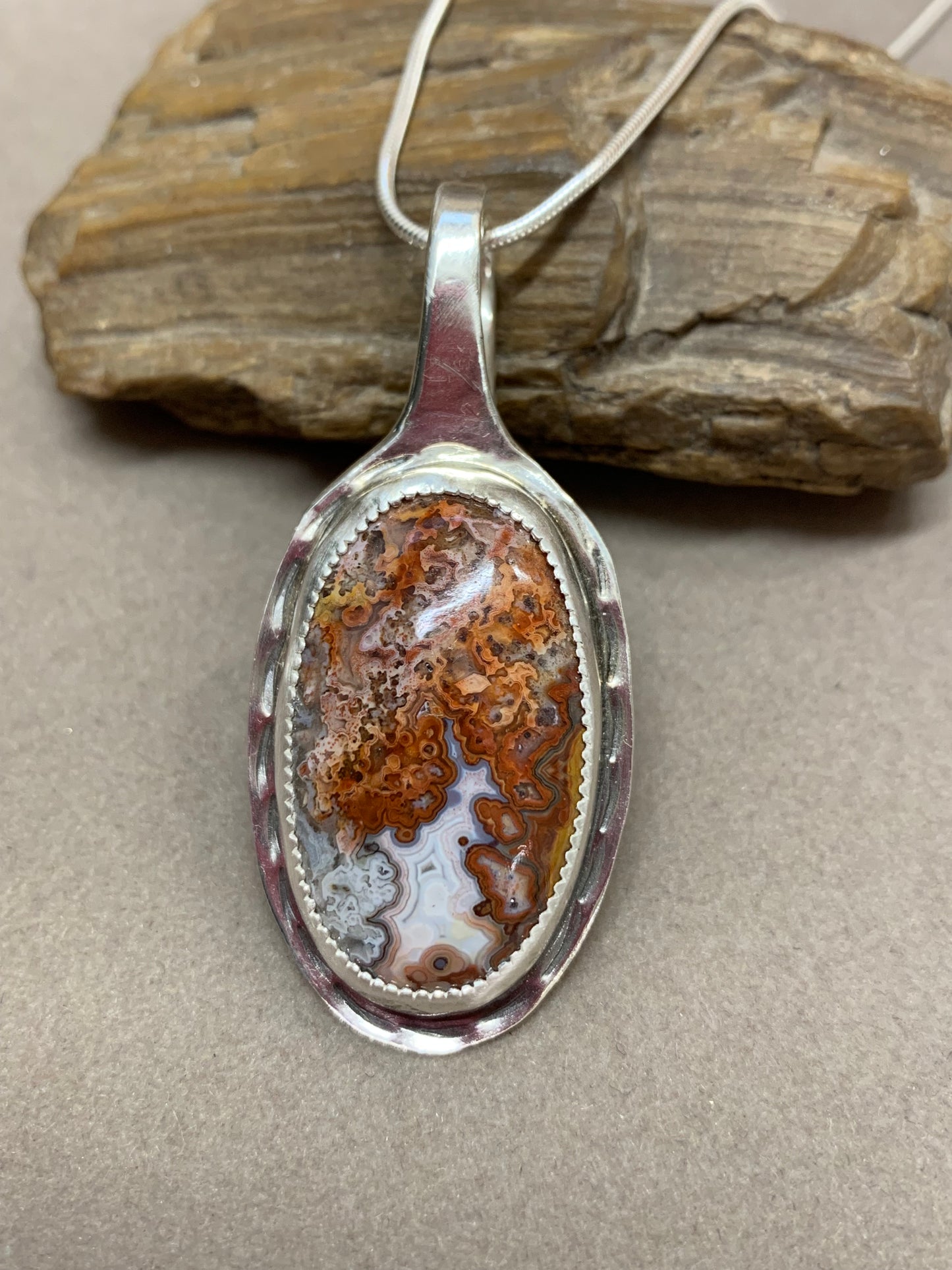 Hand Made Sterling Silver Crazy Lace Agate PendantNecklace