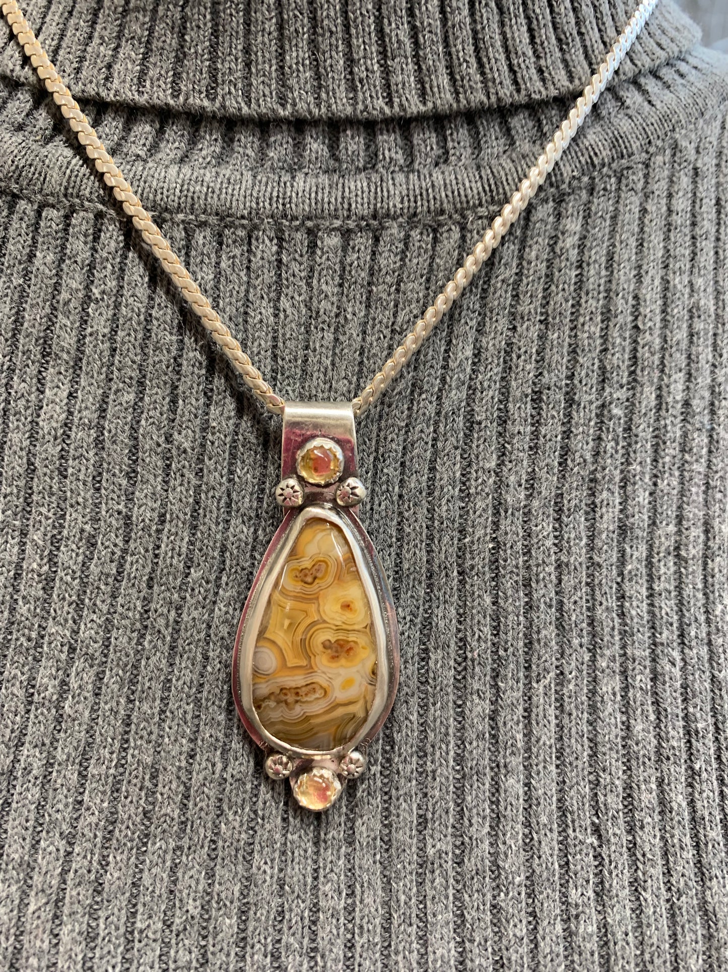 Hand Made Sterling Silver Yellow Crazy Lace Agate with Citrine Pendant Necklace