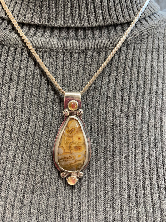 Hand Made Sterling Silver Yellow Crazy Lace Agate with Citrine Pendant Necklace