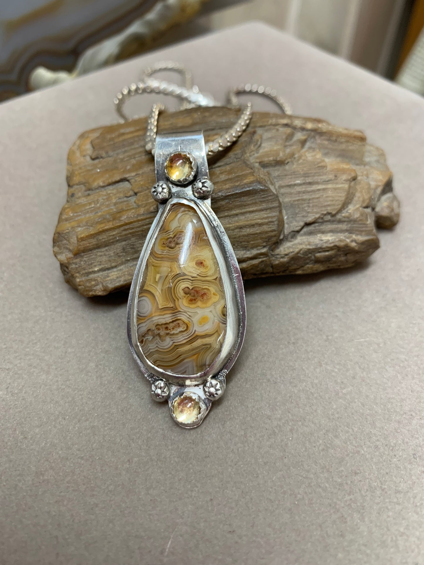 Hand Made Sterling Silver Yellow Crazy Lace Agate with Citrine Pendant Necklace