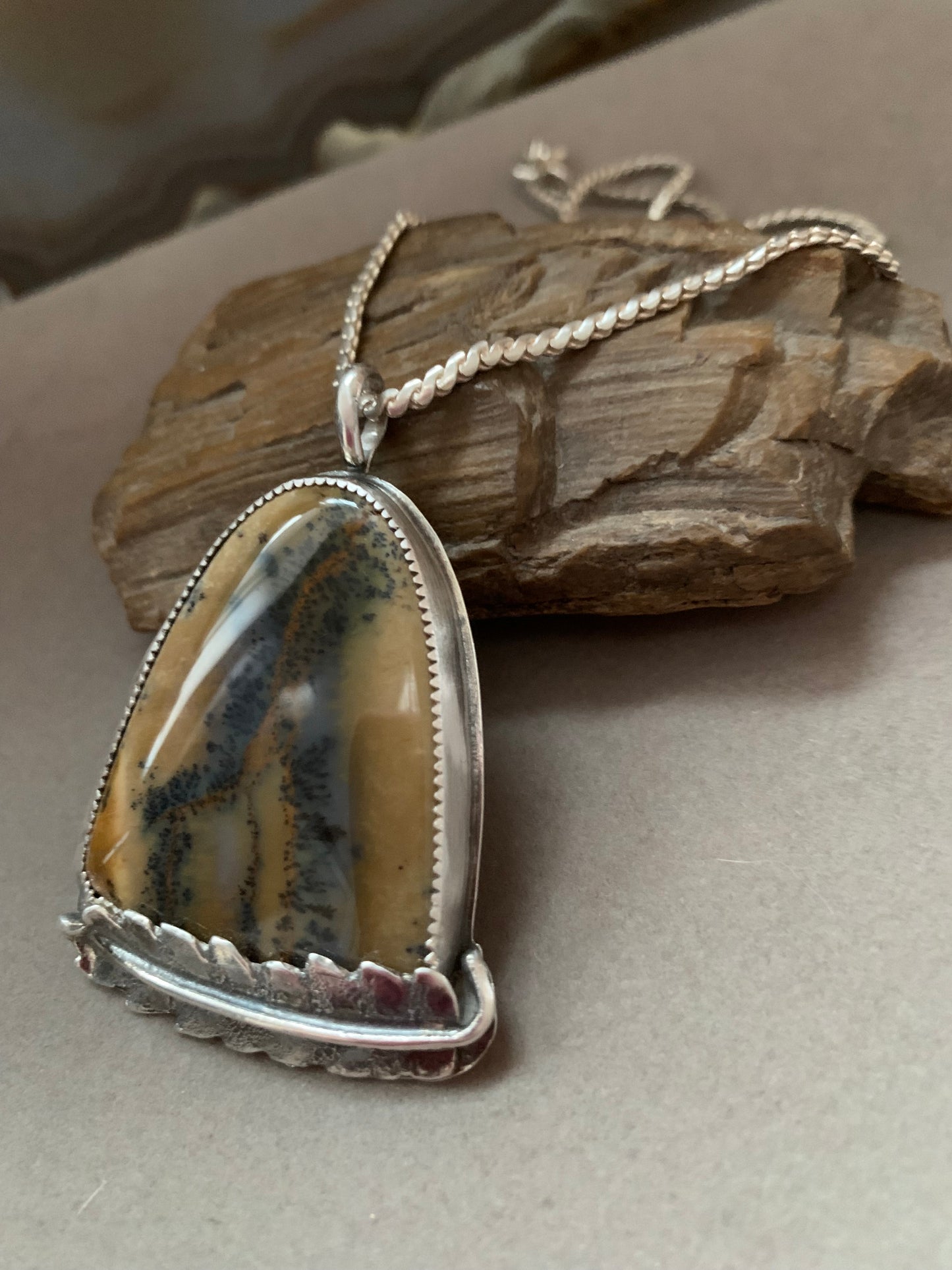 Hand Made Sterling Silver Moss Agate Montana Pendant Necklace