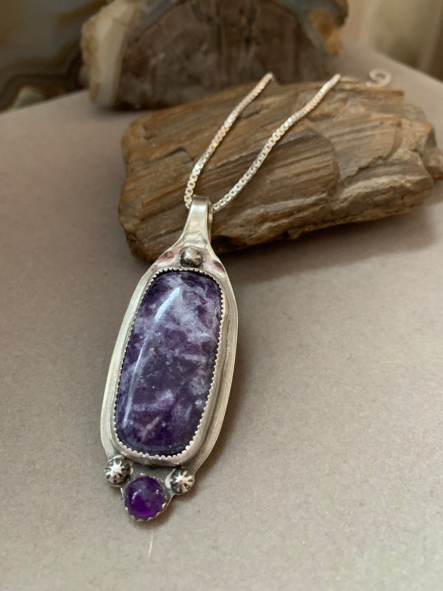 Hand Made Sterling Silver Lepidolite and Amethyst Pendant Necklace