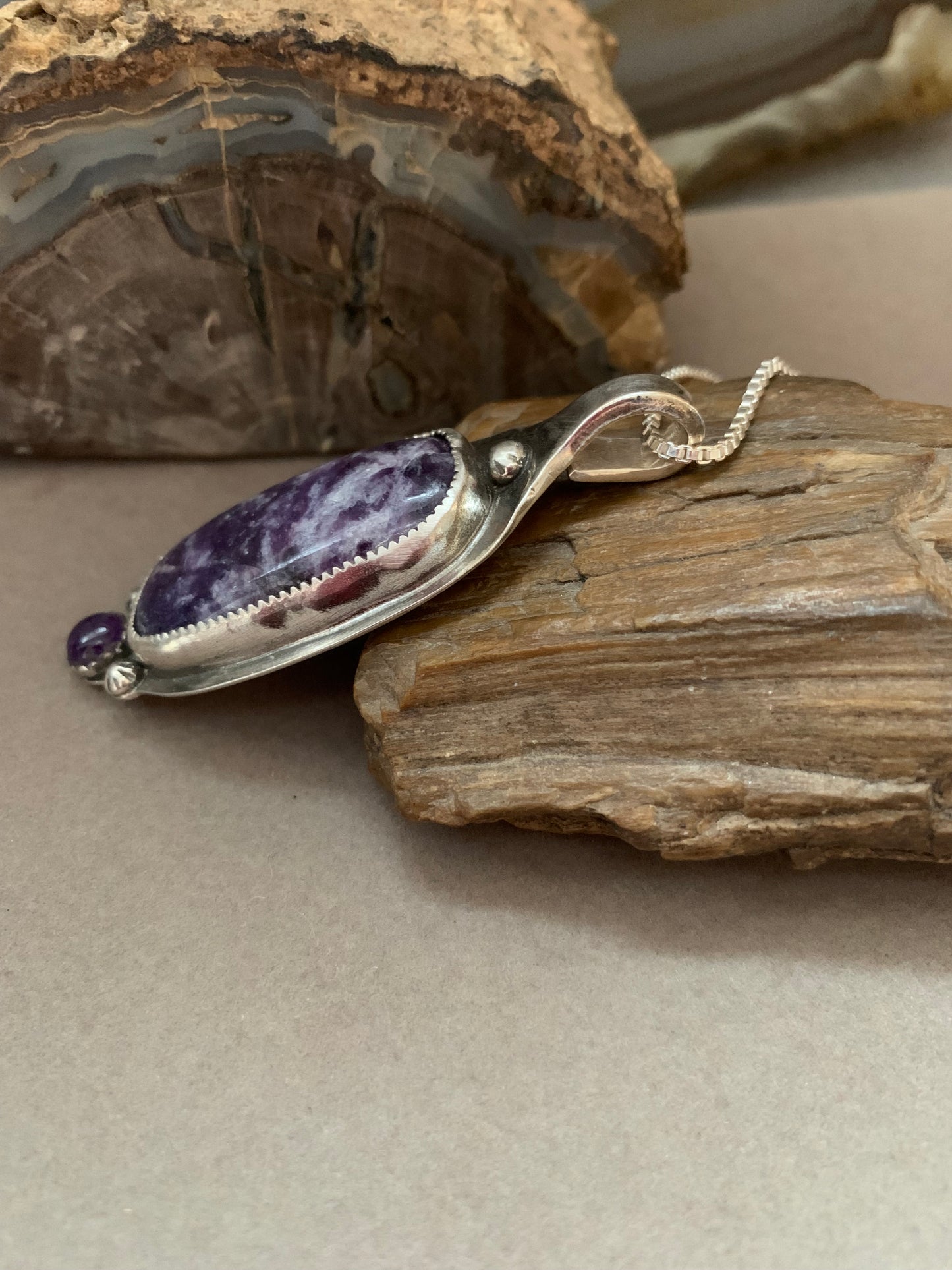 Hand Made Sterling Silver Lepidolite and Amethyst Pendant Necklace