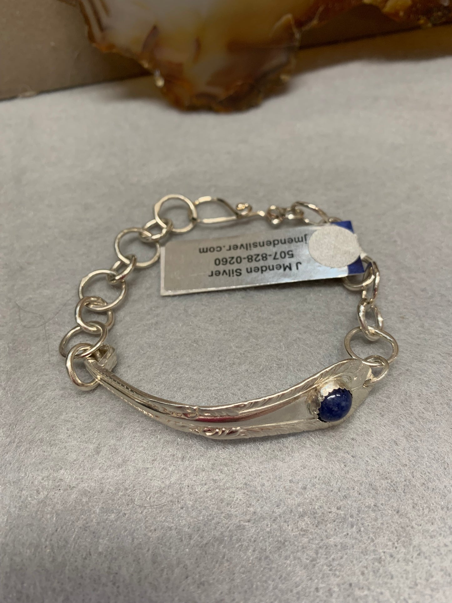 Hand Made Chain Sterling Silver Bracelet with 10mm Lapis.