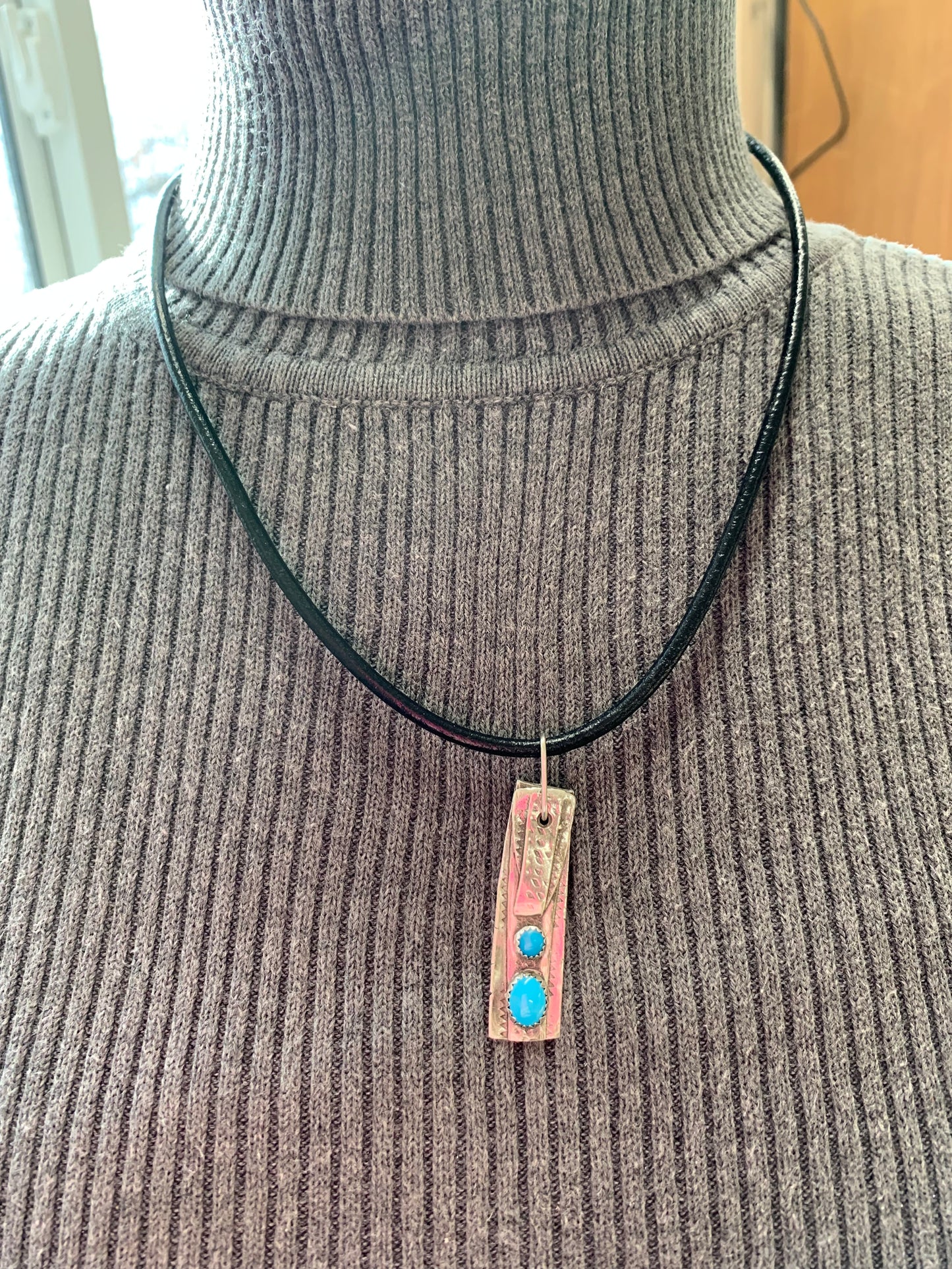 Hand Made Sterling Silver and Turquoise Pendant Necklace with Leather