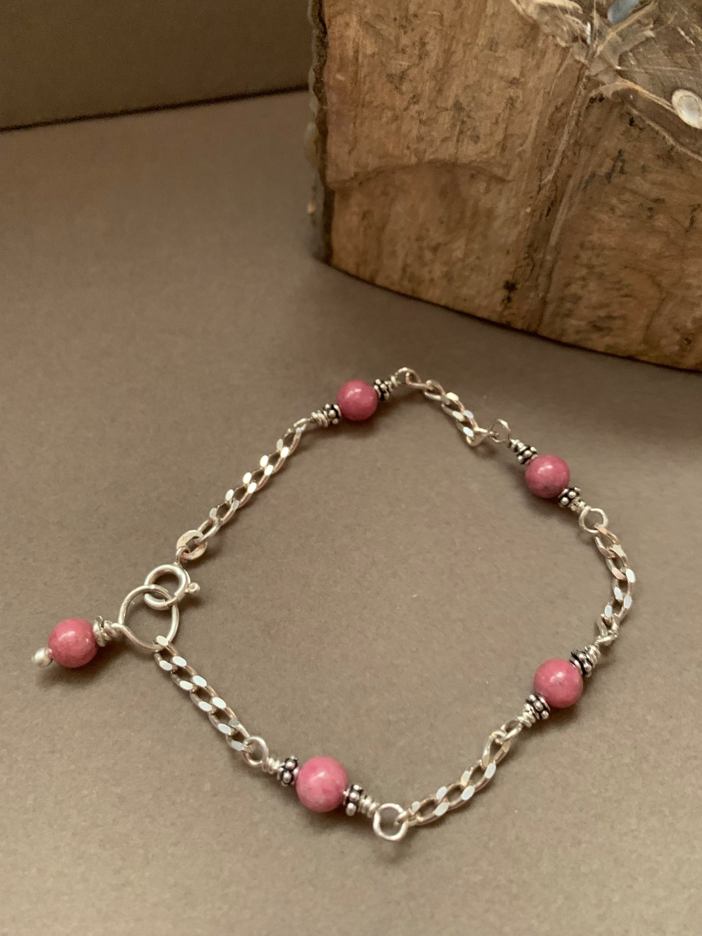 Hand Made Sterling Silver and Thulite Chain Bracelet