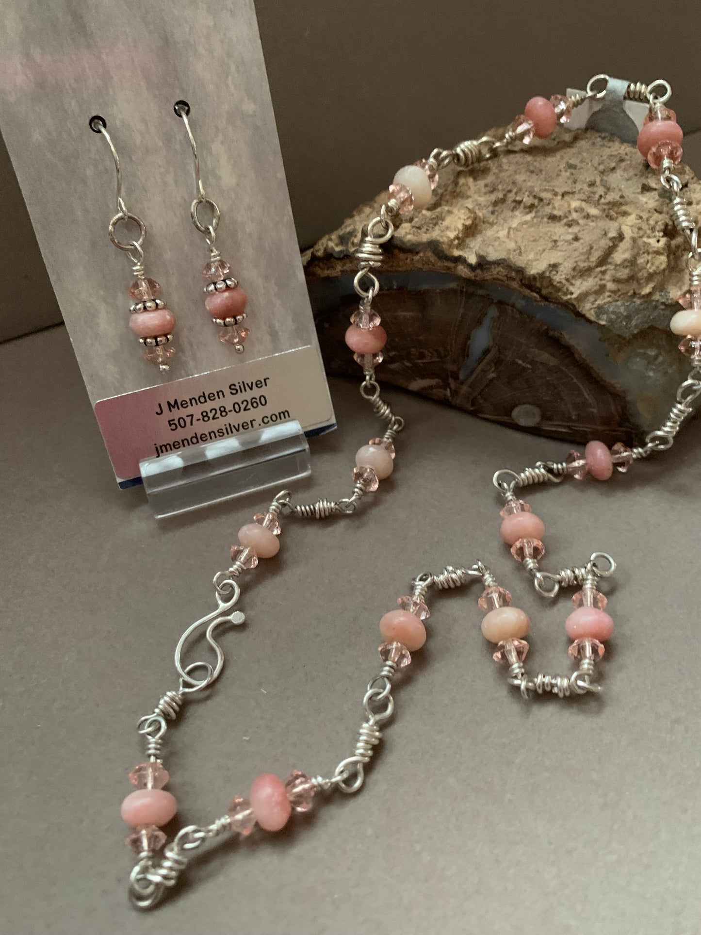 Hand Made Sterling Silver Pink Peruvian Opal and Crystal Necklace with Earrings