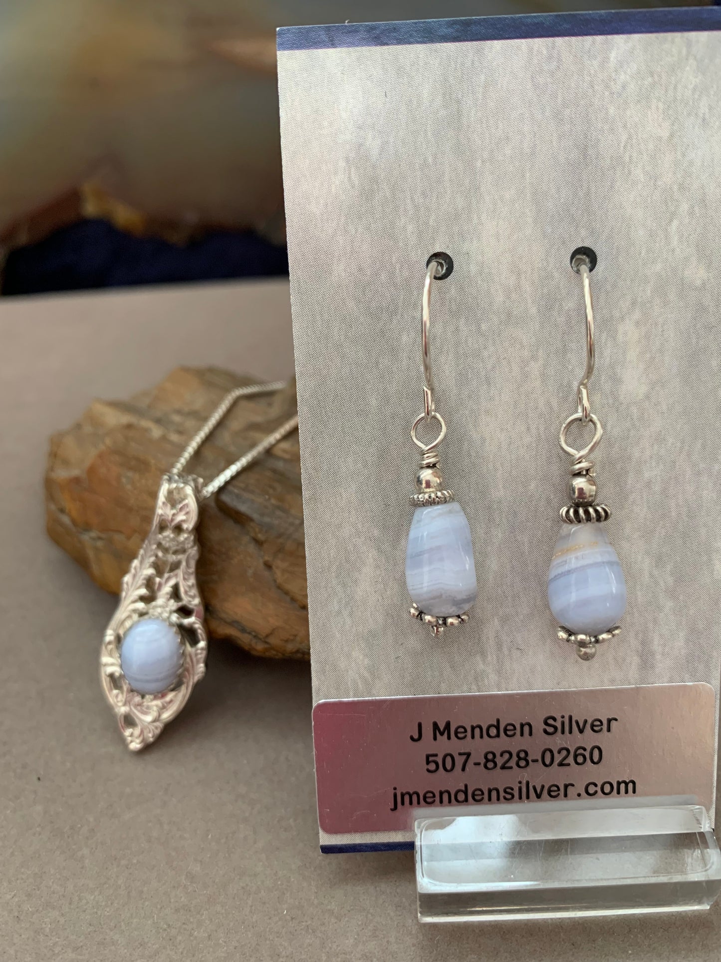 Hand Made Sterling Silver Blue Lace Agate Pendant Necklace with Earrings