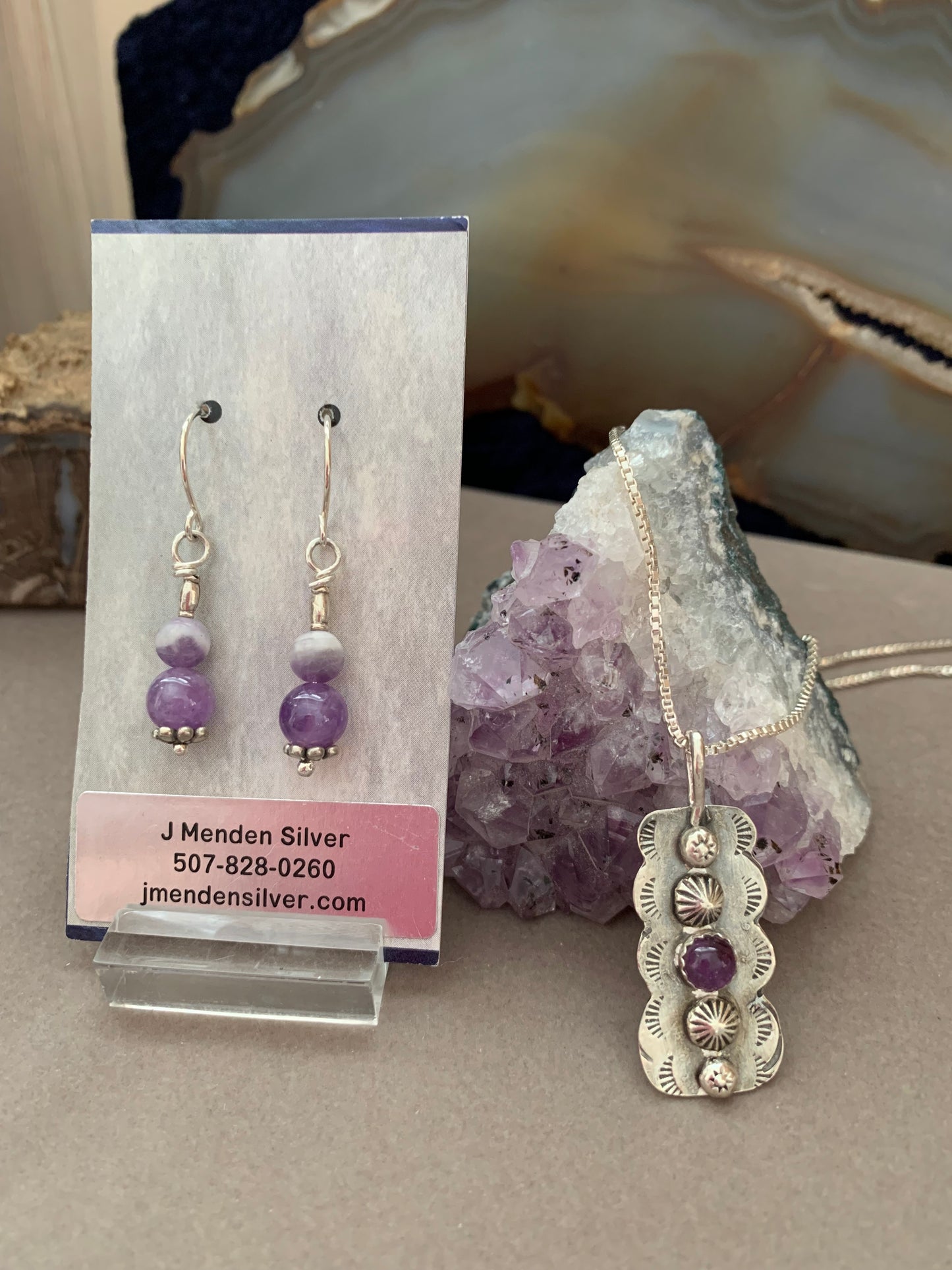 Sterling Silver Hand made Amethyst Pendant Necklace with earrings