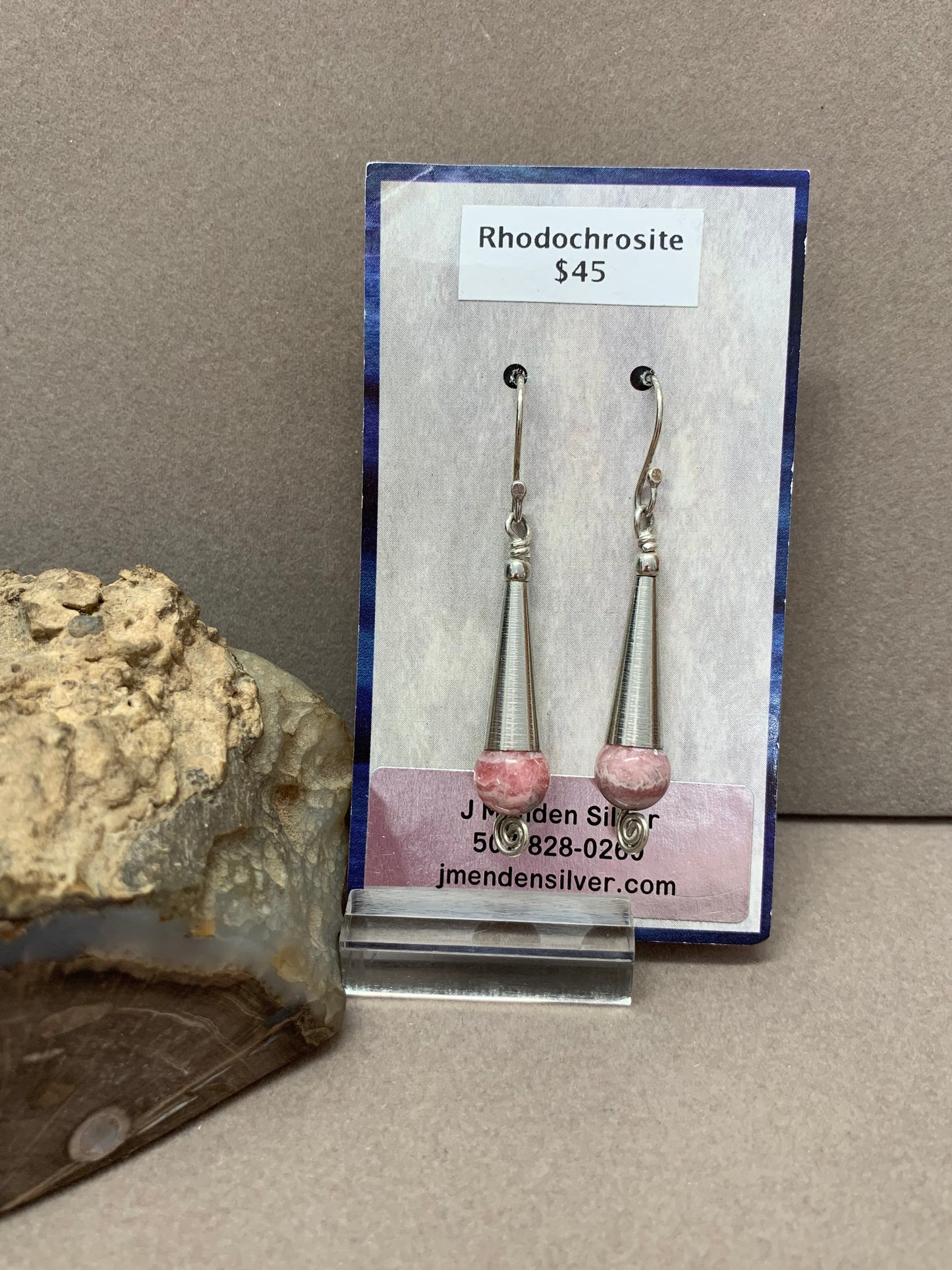 Hand Made Sterling Silver Rhocochrosite Cone Earrings