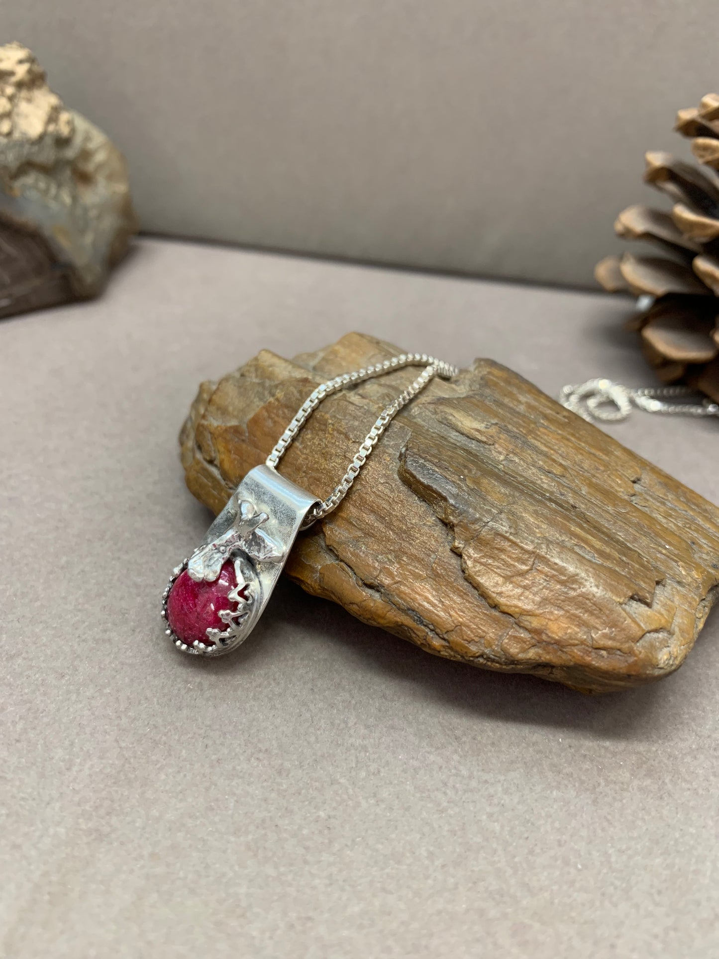 Hand Made Sterling Silver Ruby and Hummingbird Pendant Necklace