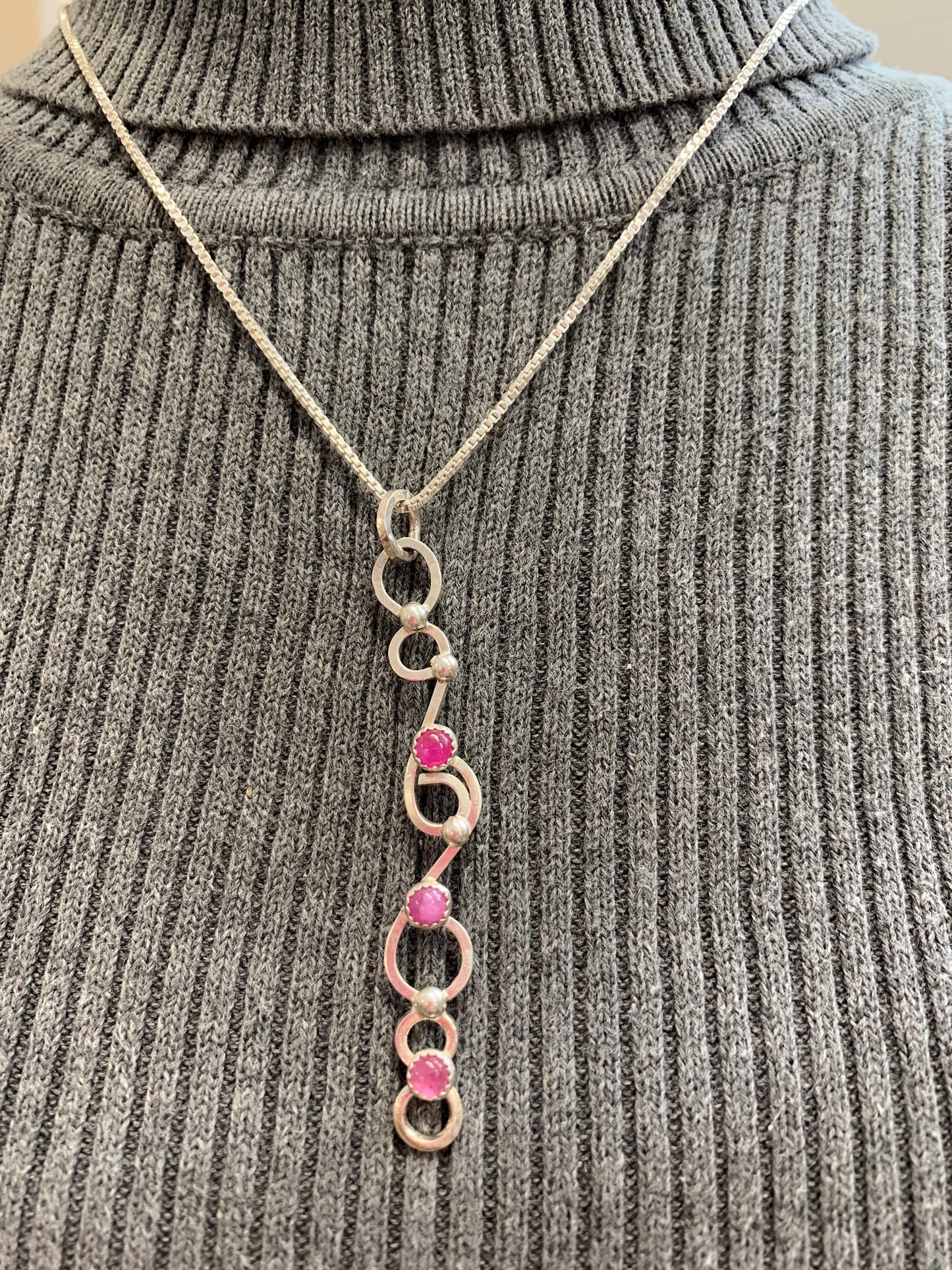 Hand Made Sterling Silver Triple Ruby Pendant Necklace