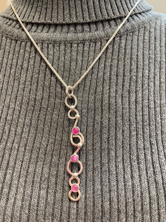 Hand Made Sterling Silver Triple Ruby Pendant Necklace